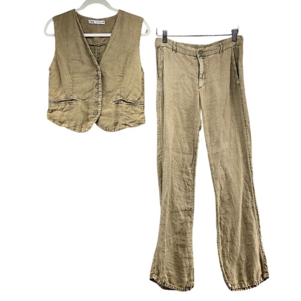 Zara Vest and Pants Set Womens S M Khaki Green Linen Blend Two Piece Co-ord